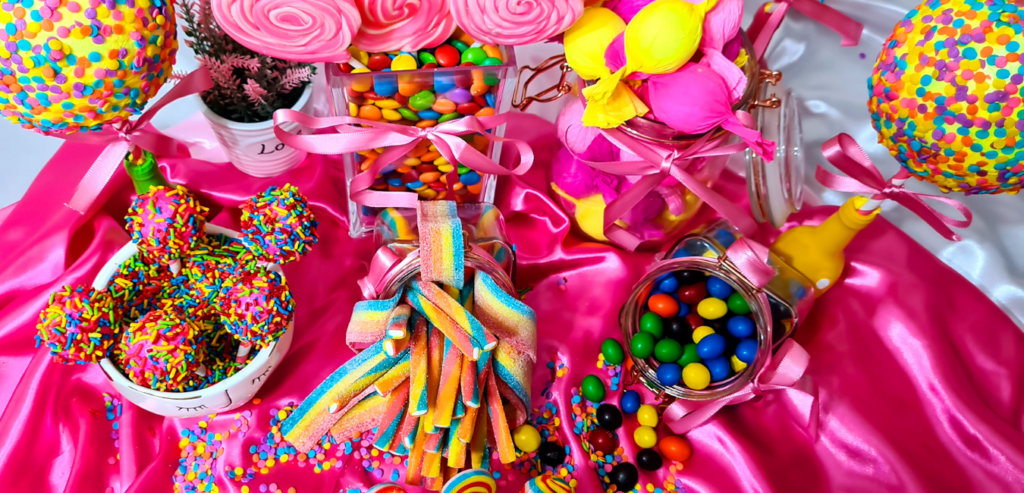 Colorful candy on a hot pink tablecloth